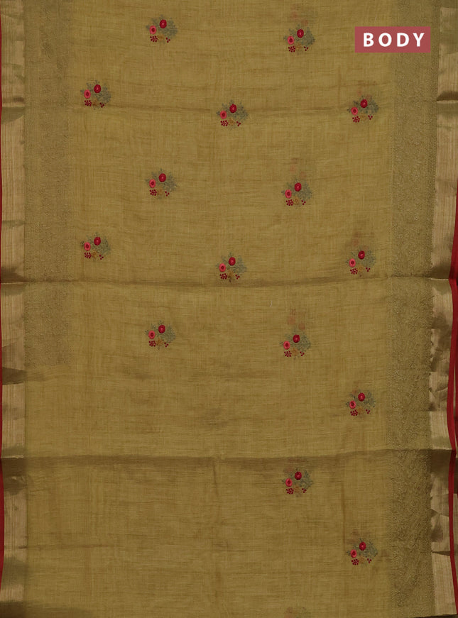 Linen cotton saree mustard yellow and maroon with embroidery buttas and embroidery work zari border