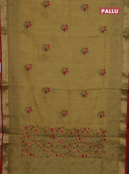 Linen cotton saree mustard yellow and maroon with embroidery buttas and embroidery work zari border