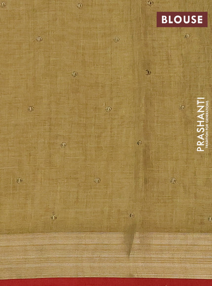 Linen cotton saree mustard yellow and maroon with embroidery buttas and embroidery work zari border