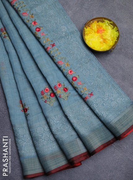 Linen cotton saree pastel blue and maroon with embroidery buttas and embroidery work zari border