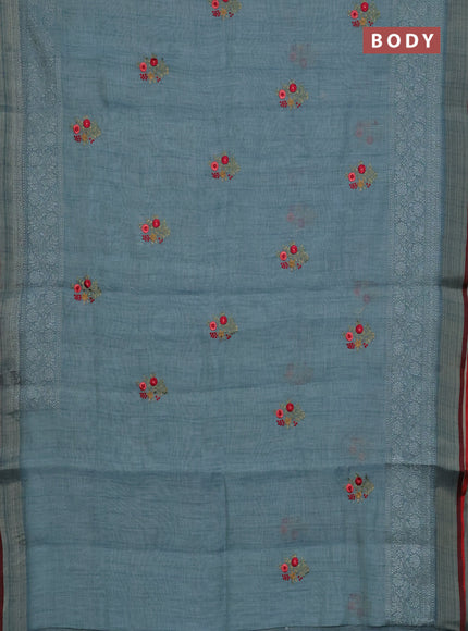 Linen cotton saree pastel blue and maroon with embroidery buttas and embroidery work zari border