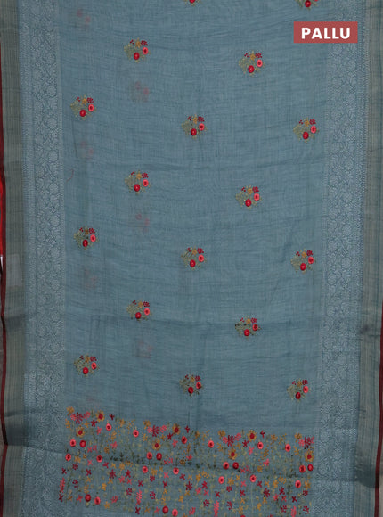 Linen cotton saree pastel blue and maroon with embroidery buttas and embroidery work zari border
