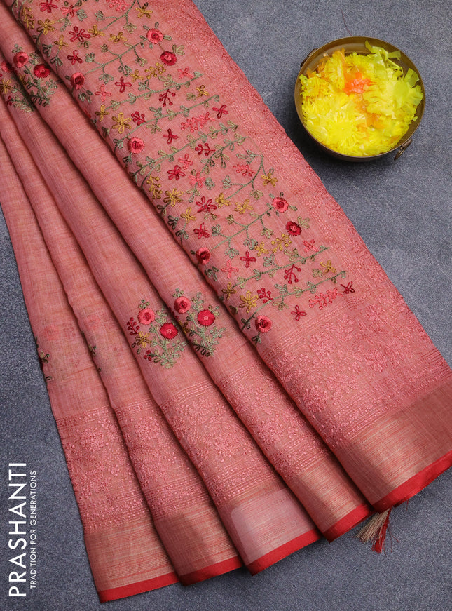 Linen cotton saree peach shade and red with embroidery buttas and embroidery work zari border