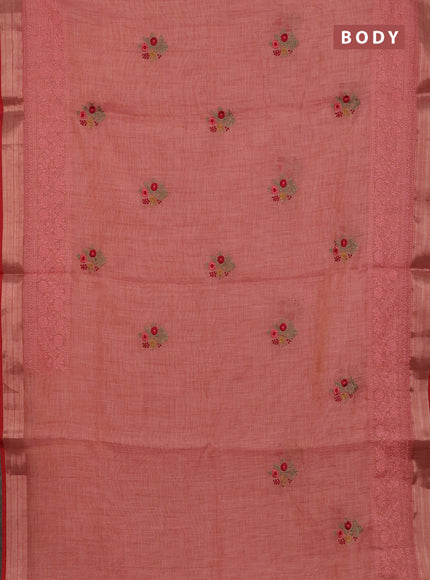 Linen cotton saree peach shade and red with embroidery buttas and embroidery work zari border