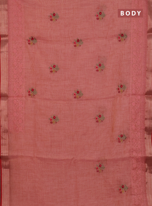 Linen cotton saree peach shade and red with embroidery buttas and embroidery work zari border