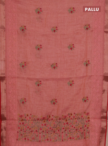 Linen cotton saree peach shade and red with embroidery buttas and embroidery work zari border