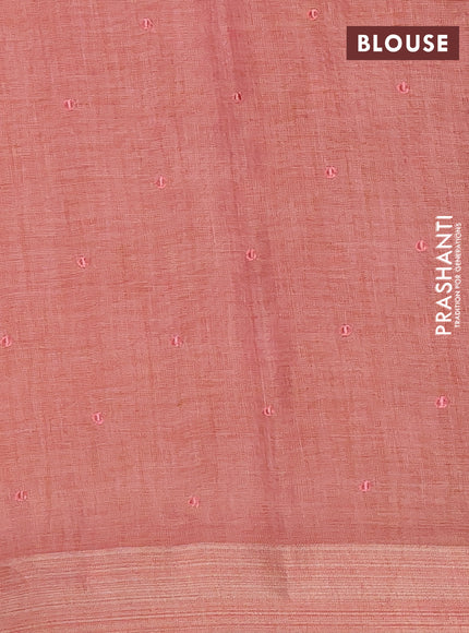 Linen cotton saree peach shade and red with embroidery buttas and embroidery work zari border