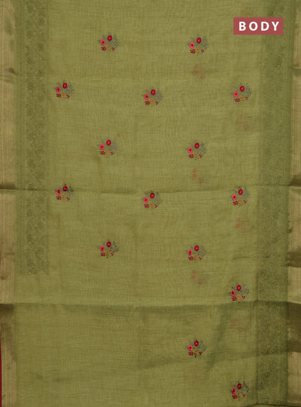 Linen cotton saree light green and maroon with embroidery buttas and embroidery work zari border