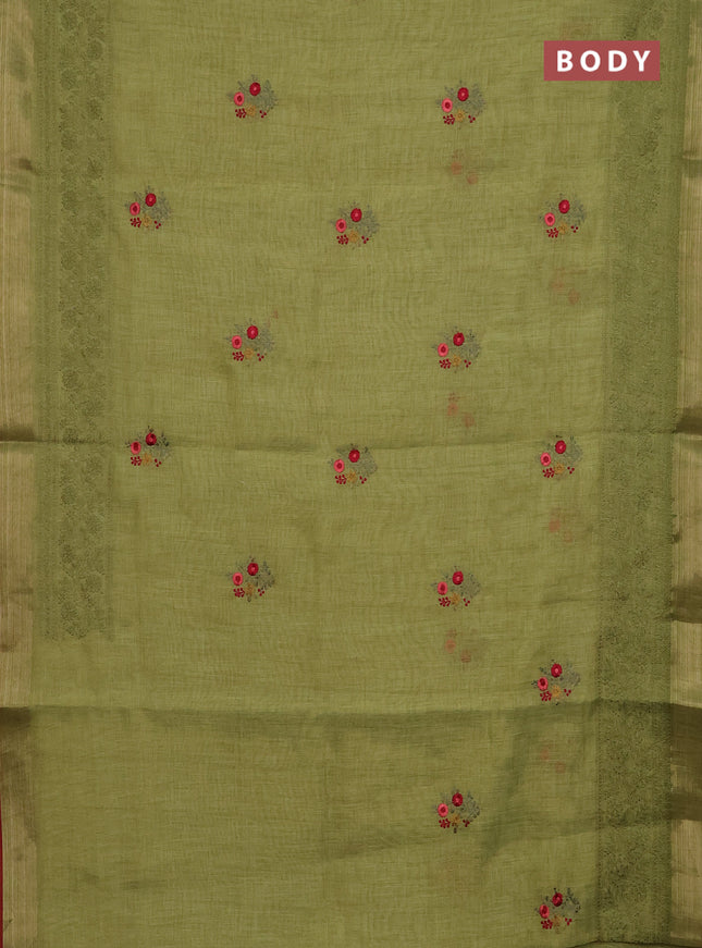 Linen cotton saree light green and maroon with embroidery buttas and embroidery work zari border