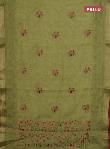 Linen cotton saree light green and maroon with embroidery buttas and embroidery work zari border