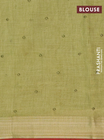 Linen cotton saree light green and maroon with embroidery buttas and embroidery work zari border