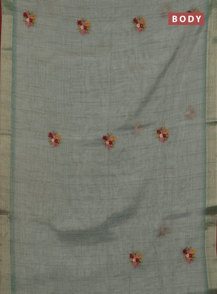 Linen cotton saree pastel blue and maroon with embroidery buttas and zari woven border