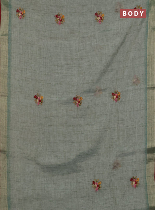 Linen cotton saree pastel blue and maroon with embroidery buttas and zari woven border