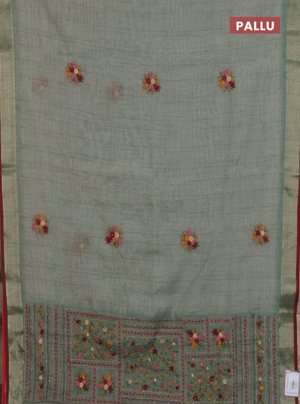 Linen cotton saree pastel blue and maroon with embroidery buttas and zari woven border