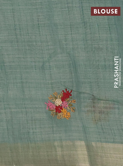 Linen cotton saree pastel blue and maroon with embroidery buttas and zari woven border