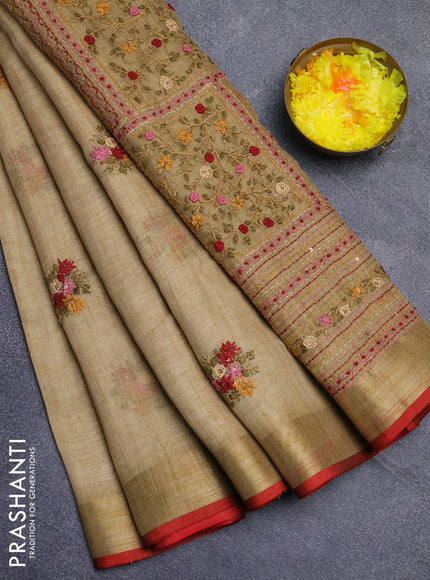 Linen cotton saree sandal and maroon with embroidery buttas and zari woven border