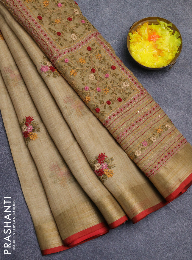 Linen cotton saree sandal and maroon with embroidery buttas and zari woven border