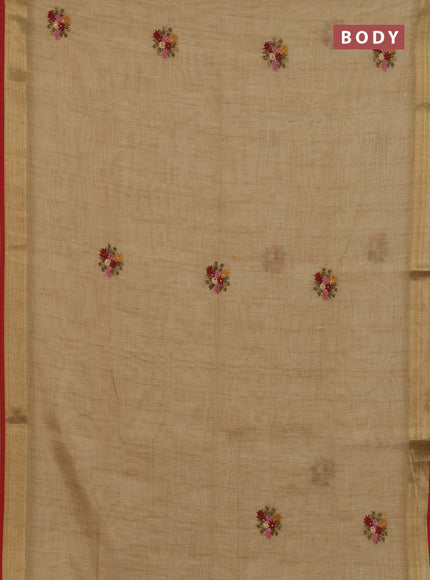Linen cotton saree sandal and maroon with embroidery buttas and zari woven border