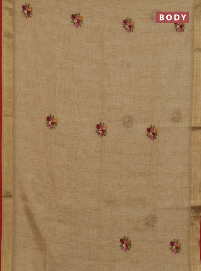 Linen cotton saree sandal and maroon with embroidery buttas and zari woven border