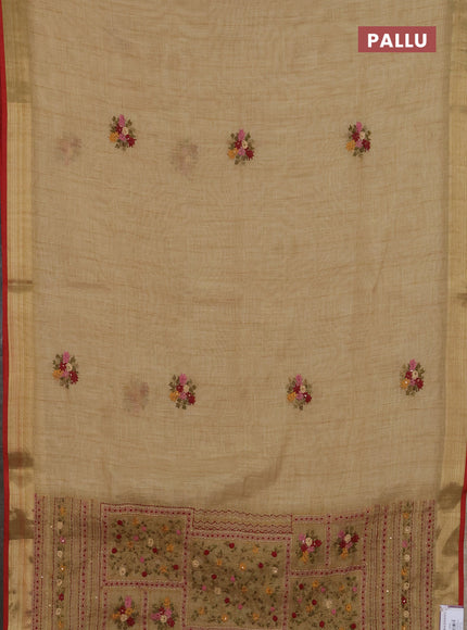Linen cotton saree sandal and maroon with embroidery buttas and zari woven border