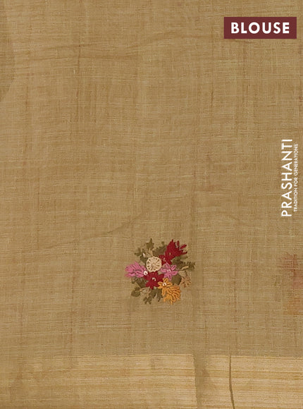 Linen cotton saree sandal and maroon with embroidery buttas and zari woven border