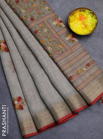 Linen cotton saree grey and maroon with embroidery buttas and zari woven border