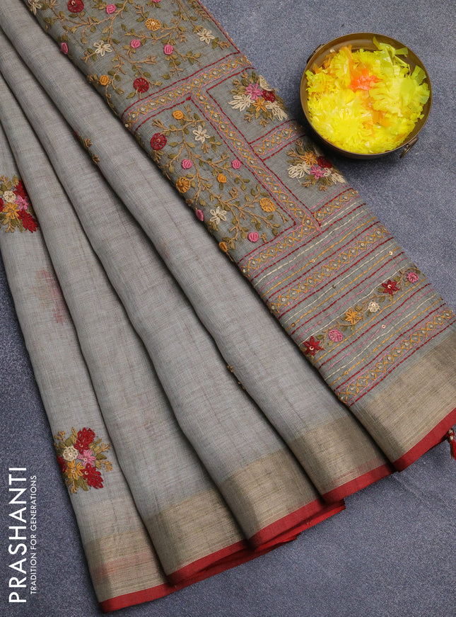 Linen cotton saree grey and maroon with embroidery buttas and zari woven border