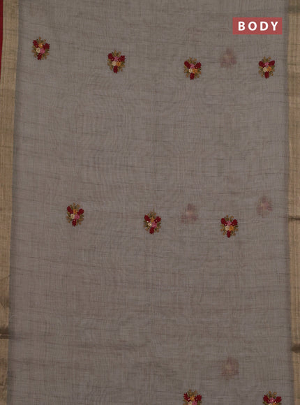 Linen cotton saree grey and maroon with embroidery buttas and zari woven border