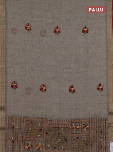 Linen cotton saree grey and maroon with embroidery buttas and zari woven border
