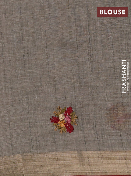 Linen cotton saree grey and maroon with embroidery buttas and zari woven border