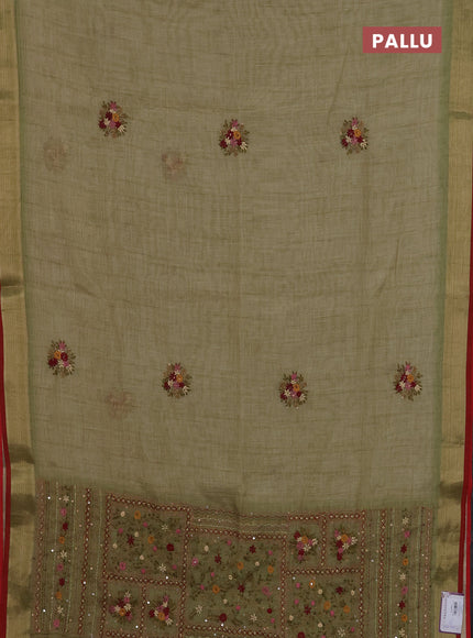 Linen cotton saree light green and maroon with embroidery buttas and zari woven border