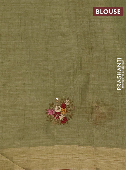 Linen cotton saree light green and maroon with embroidery buttas and zari woven border