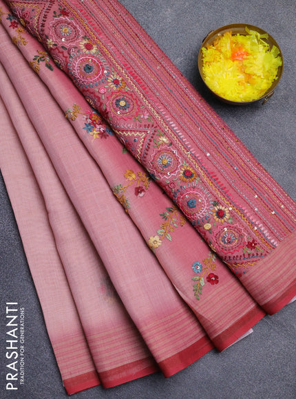 Linen cotton saree light pink with embroidery buttas and zari woven border