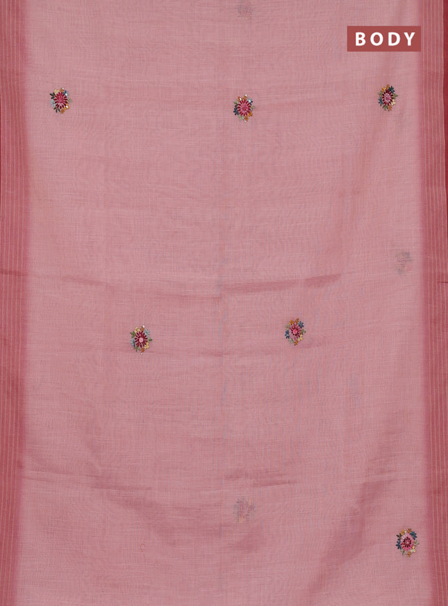 Linen cotton saree light pink with embroidery buttas and zari woven border
