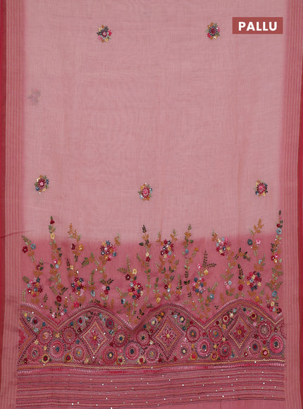 Linen cotton saree light pink with embroidery buttas and zari woven border
