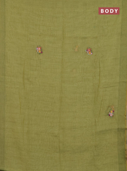 Linen cotton saree light green with embroidery buttas and printed border