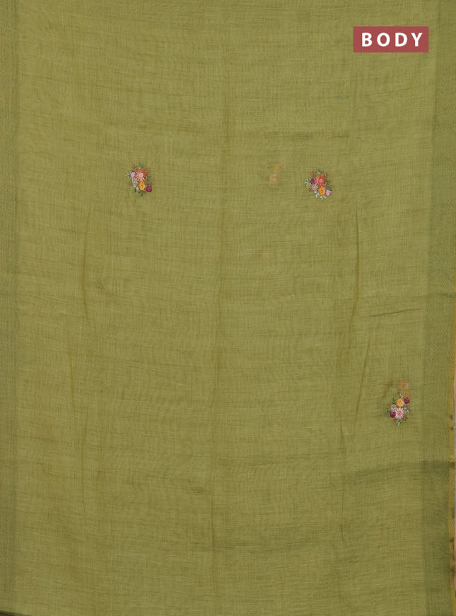 Linen cotton saree light green with embroidery buttas and printed border