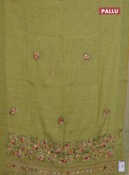 Linen cotton saree light green with embroidery buttas and printed border