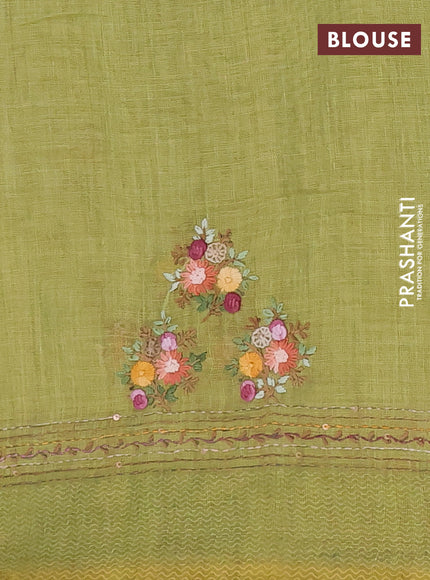 Linen cotton saree light green with embroidery buttas and printed border