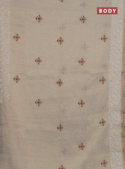 Linen cotton saree cream and pink with embroidery buttas and embroidery border