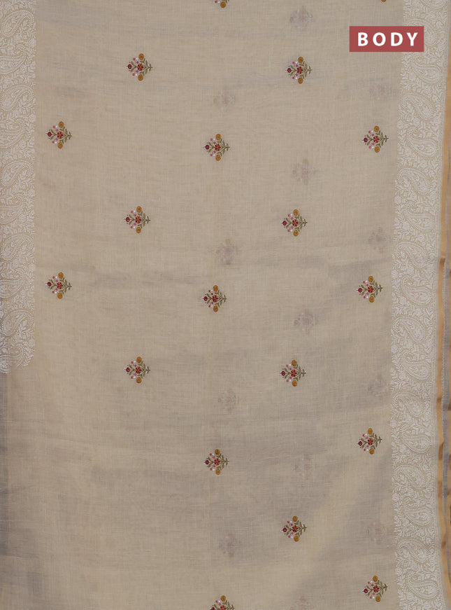 Linen cotton saree cream and pink with embroidery buttas and embroidery border