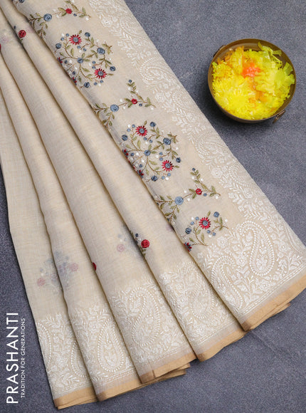 Linen cotton saree cream and grey with embroidery buttas and embroidery border