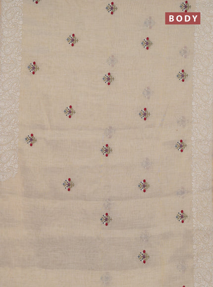 Linen cotton saree cream and grey with embroidery buttas and embroidery border