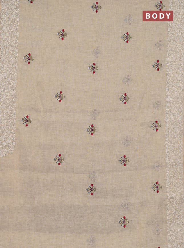 Linen cotton saree cream and grey with embroidery buttas and embroidery border
