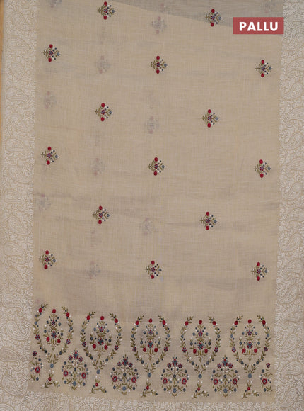 Linen cotton saree cream and grey with embroidery buttas and embroidery border