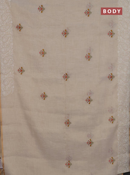 Linen cotton saree cream and maroon with embroidery buttas and embroidery border