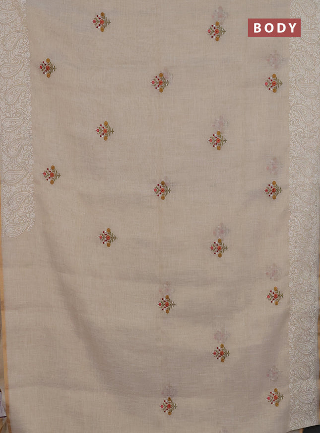 Linen cotton saree cream and maroon with embroidery buttas and embroidery border