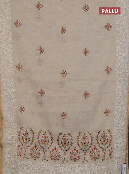 Linen cotton saree cream and maroon with embroidery buttas and embroidery border