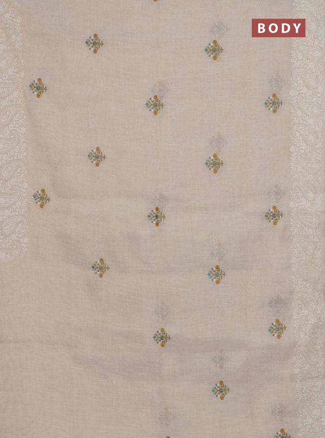Linen cotton saree cream and teal green with embroidery buttas and embroidery border