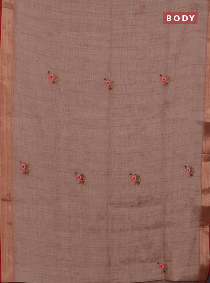 Linen cotton saree peach shade and maroon with embroidery buttas and zari woven border